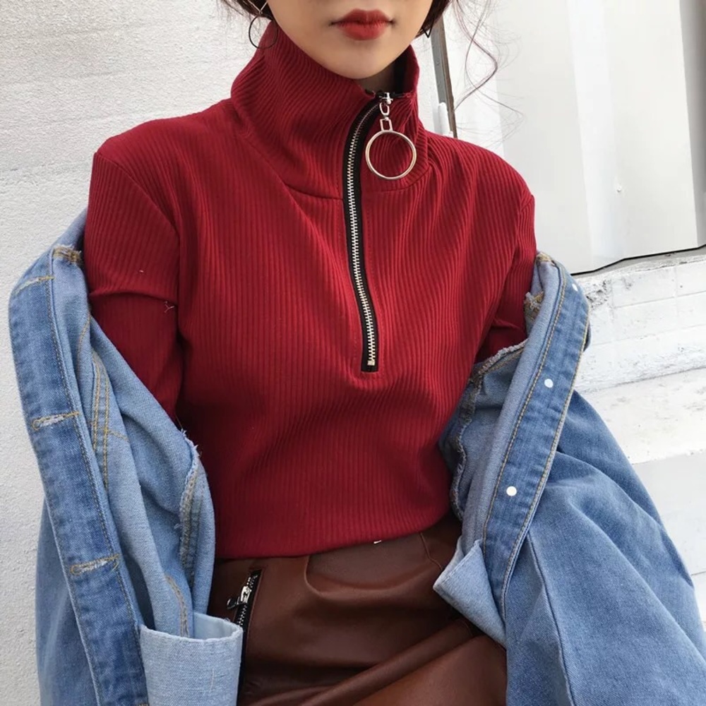 Deep Red Turtleneck with Ring Zipper Details
